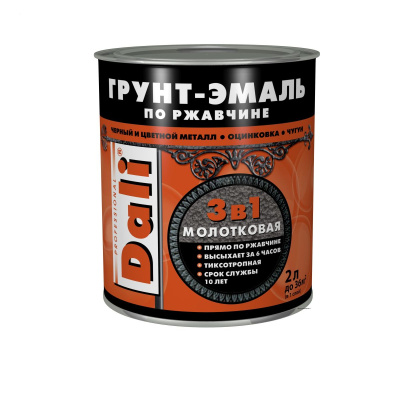 Грунт-эмаль по ржавчине 3 в 1 молотковая, алкидная, черная, 2 л, Dali